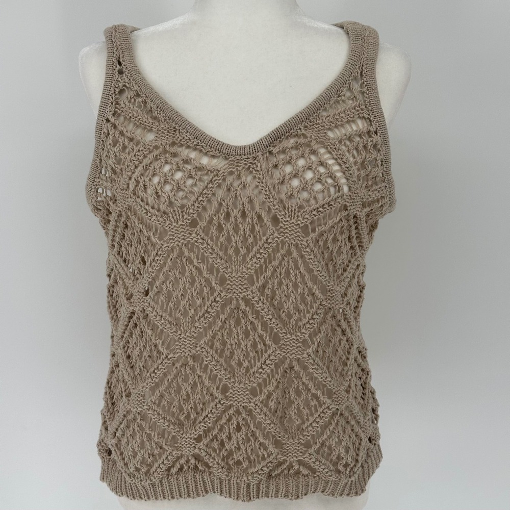 Tan Crochet Knit Tank Top‎ V Neck Sleeveless Pullover Shirt Medium Boho Inde